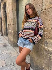 Suéter de mujer casual a rayas, corte holgado, cuello redondo, manga larga, punto ligero, estilo boho, para vacaciones, primavera y otoño 2026, con ribete en contraste - Multicolor - Ver 4