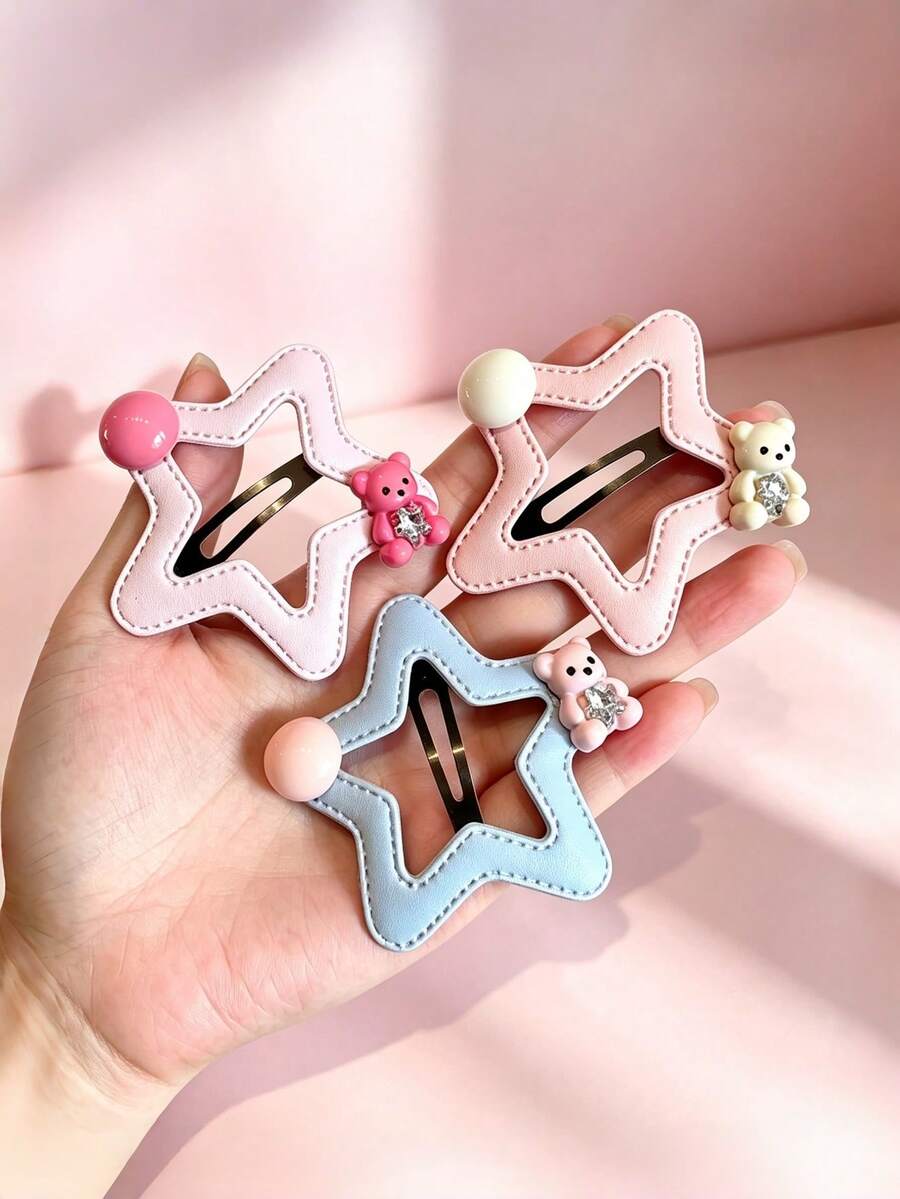 5Pcs Macaron Hollow Star Bear BB Hair Clips, Cute Bead Rhinestone Side Bangs Pins Sweet Hair Accessories For Women - Multicolor - View 1