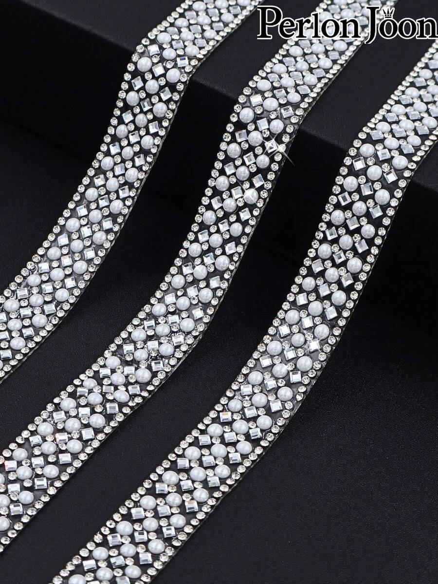 2 Yards White Pearl Rhinestone Hot Fix Tape Ribbon Glass Crystal Rhinestone Decoration Iron On Shoes Clothing Accessories - P 2 Yards/72 Inches - View 1