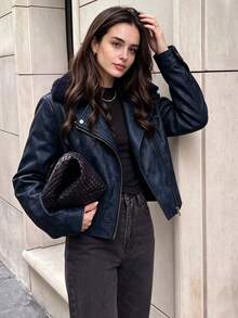Fall Vintage Navy Fleece Collar Moto Cropped Jacket For Women, Asymmetric Zipper Loose Biker Outerwear For Work Party - Blue - View 3