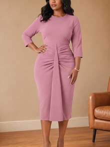 NOU Women's Mid-Length Pleated Dress With Waist Sash Decor, Formal Church Attire, Elegant Workwear, Fashion Green Solid Color Pleated Midi Dress, Wais - Pink - View 2