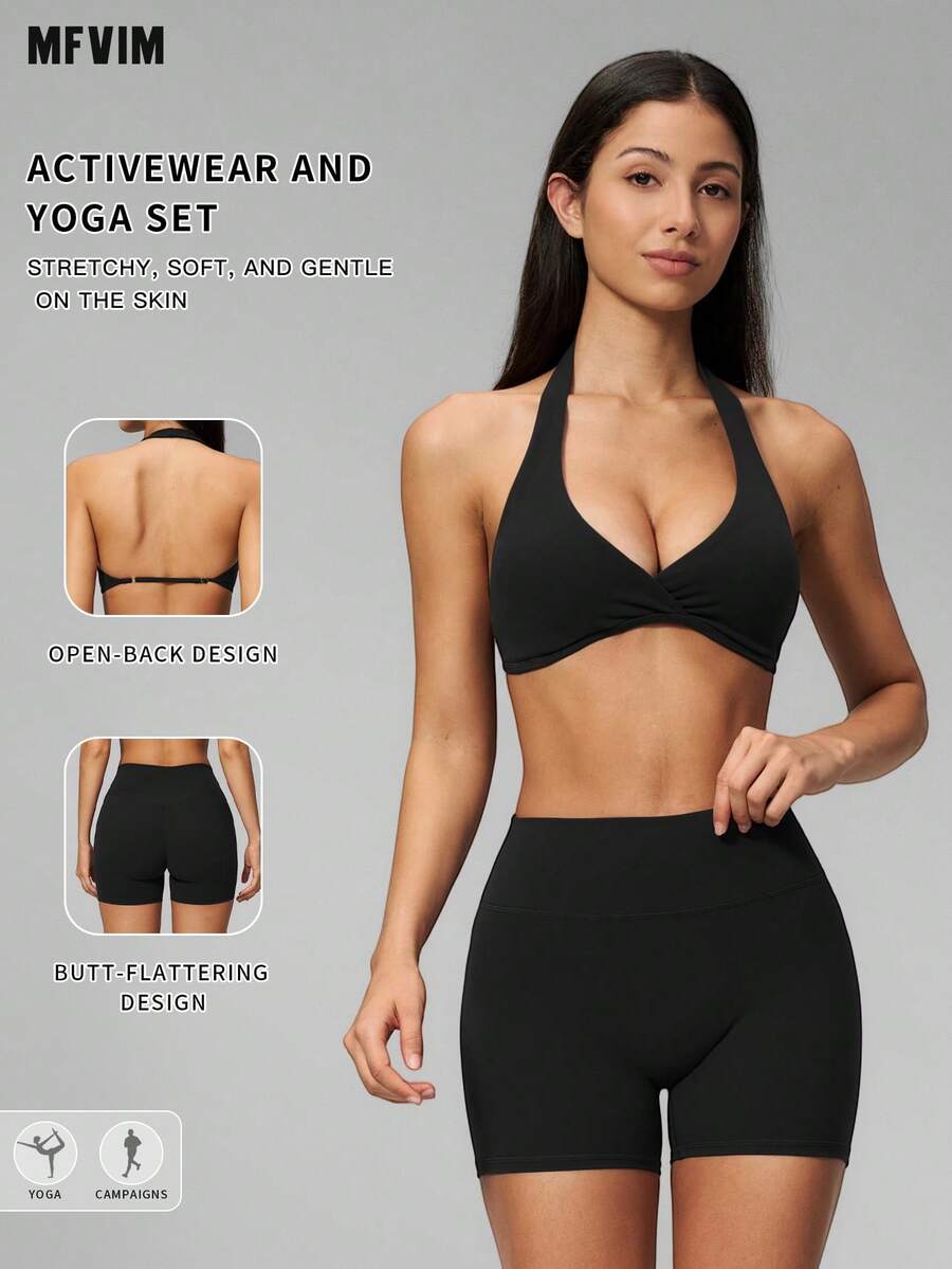 MFVIM Women's 2-Piece Yoga Set, V-Neck Halter Back/High Waist Butt-Lifting Shorts With Padded Cups - Premium Black - View 1