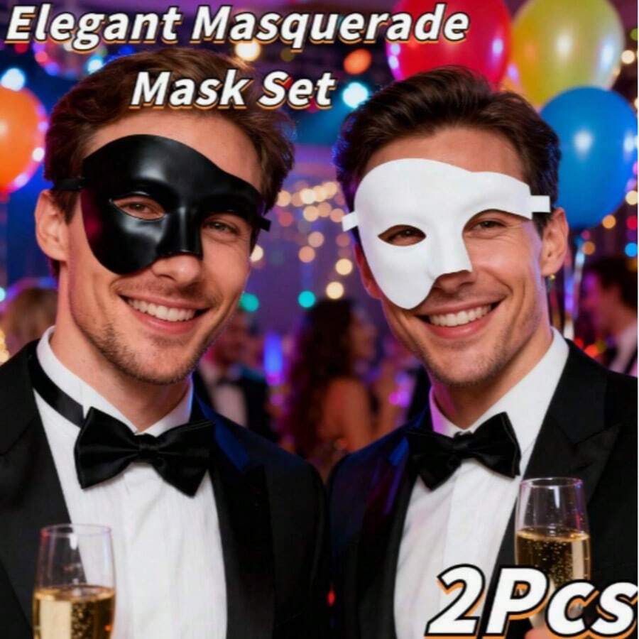 男士半臉面具 + 領結 2件組-精湛工藝,適用於化裝舞會服裝,為派對與婚禮增添優雅魅力 - 彩色 - 查看 1