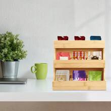 Organizer per bustine di tè in bambù a 3 piani, con 9 scomparti di diverse dimensioni, scatola da tavolo a forma di trapezio per caffè, zucchero e spezie - Colore legno - Visualizzare 6