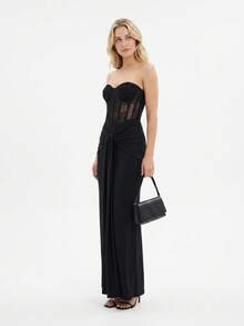 Women's Elegant Black Sleeveless Low Cut Neck Long Dress, Backless Woven Fabric Tank Style Gown With Slight Stretch - 黑色 - 查看 5