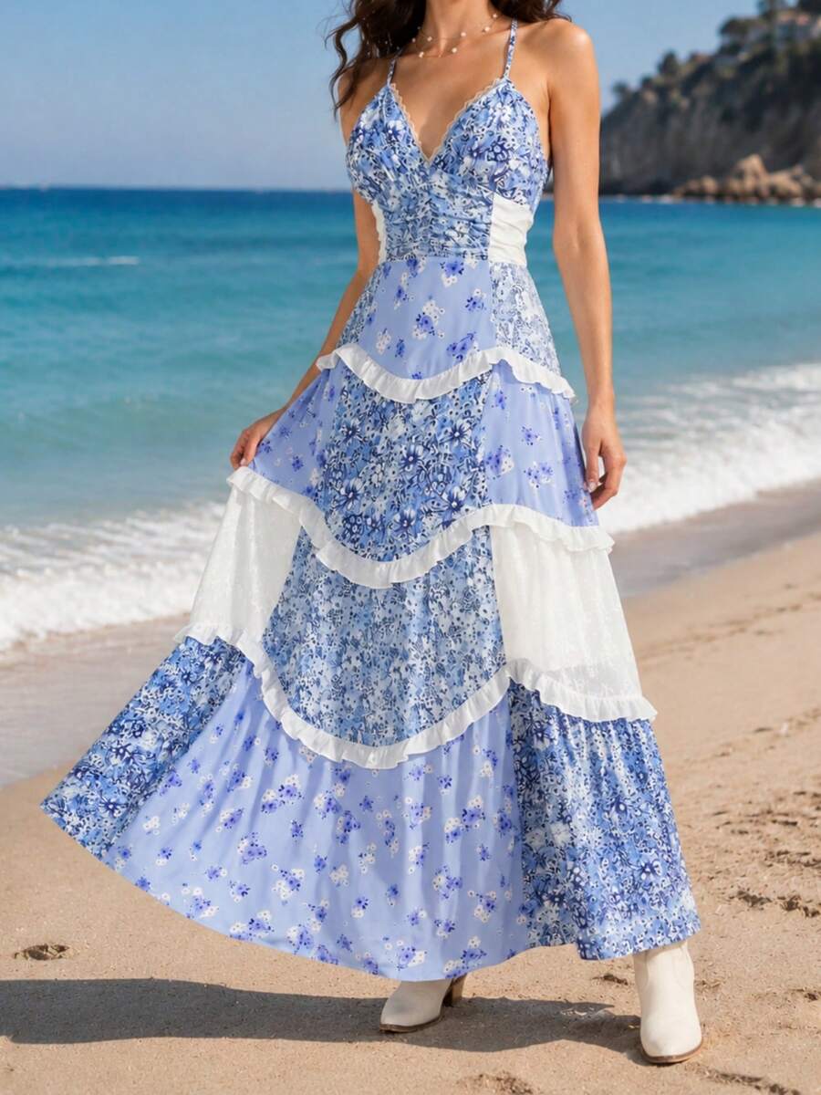 Women's Boho Floral Maxi Dress Cute Lace Patchwork Ruffle Flowy Long Dress Spaghetti Strap Deep V Neck Backless Dress Low Cut Beach Vacation Sundress - 藍色 - 查看 1