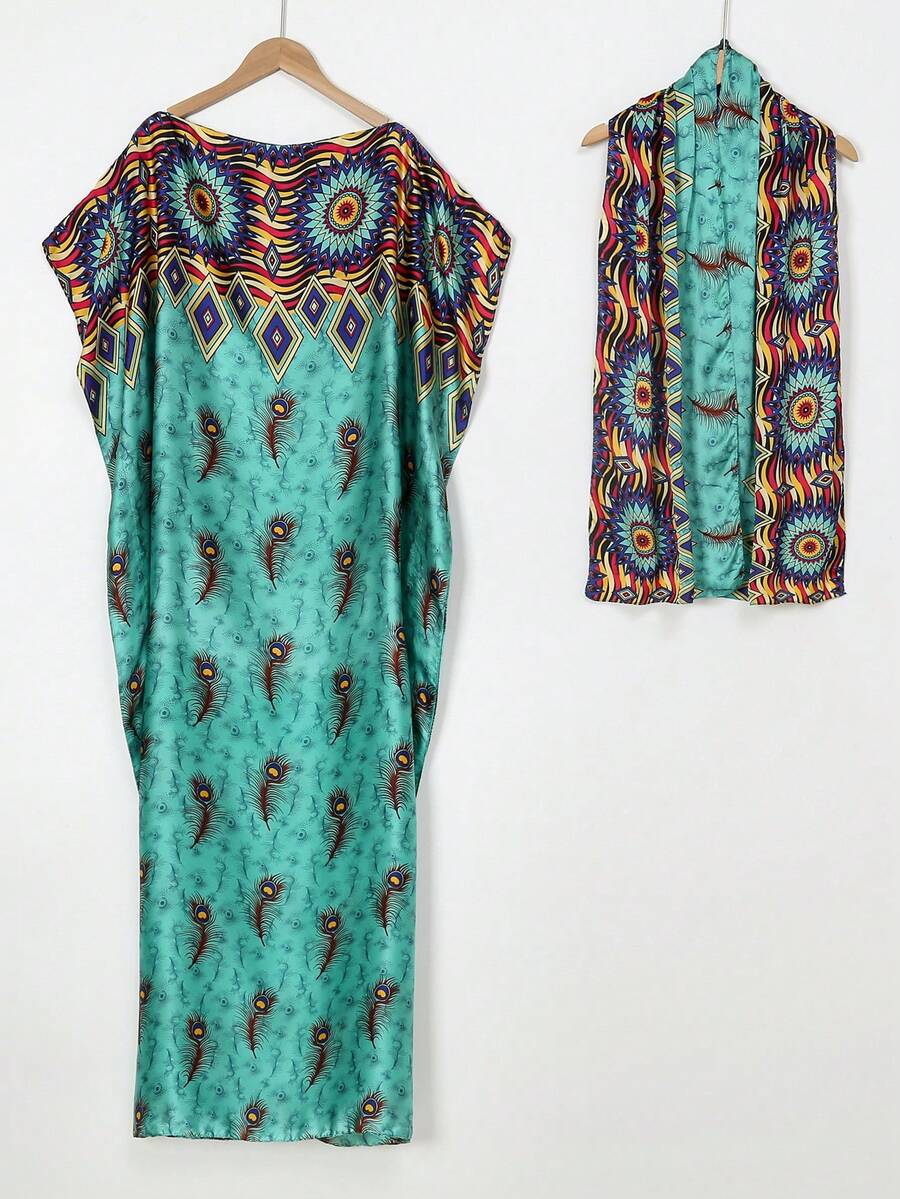 1pc Women's Faux Silk Printed Robe Shawl With Small Scarf Set, Decorative Outerwear For Beach, Sun Protection, Windproof, Daily Wear - Multicolor - View 1