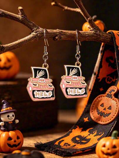 1 đôi bông tai treo kiểu máy đánh chữ hình bàn tay xương Halloween màu hồng phong cách Gothic HELP, trang sức quà tặng cho nữ dùng cho tiệc Halloween, cosplay và trang phục sân khấu