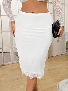 Plus-Size Women's Slimming Midi Skirt: High-Waisted, Lace-Trimmed, Side Slit, Mid-Length, Figure-Hugging, Bodycon, With A Slip To Prevent Exposure - White - View 6