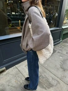 Women's Plaid High Neck Flight Jacket, Suitable For Autumn Casual Daily Wear, Loose Fit, Plaid Outerwear, Elastic Cuffs - Grey - View 4