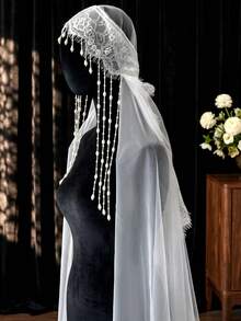 1 Stück 1m Vintage Spitzen Perlen Quaste Kopfschleier, Kirchen Hochzeit Gesichtsschleier mit Haarspange - Verschiedenfarbig - Übersicht 3
