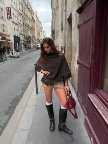 Women's Autumn/Winter Premium Asymmetrical Fringe High Neck Loose Knit Pullover Sweater Cape - Brown - View 3