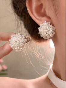5 pares/1 par de pendientes de botón elegantes para mujer, serie de flores con perlas falsas, estilo hada, juego de pendientes a juego para uso diario casual - Dorado - Ver 5