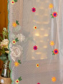 1pc Beige Rose Pattern Lace Curtain Valance, Short Curtain, Coffee Curtain, Vintage Pastoral Romantic Style, Semi-Transparent, Polyester Fiber Material, Suitable For Bedroom, Room, Living Room, Kitchen, Office, Cafe And Home Decor - Multicolor - View 5