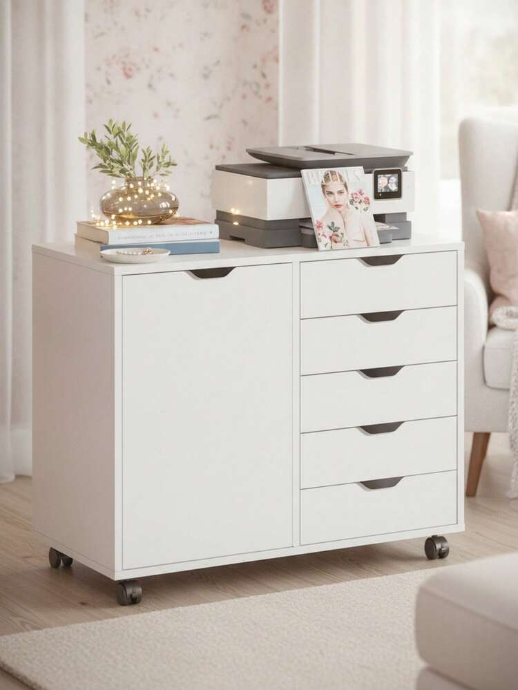 5 Drawer Mobile File Cabinet With Door, Rolling Printer Stand, Wood Storage Cabinet With Adjustable Shelf, Office Organizer For Home Office, Bedroom ,Living Room - White - View 2