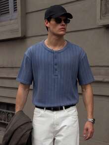 Lookun Men's Knitted Short Sleeve Henley Collar Loose Fit Slimming European Minimalist Style Vertical Ribbed Button Henley Collar Short Sleeve Knitted Top - Blue - View 3