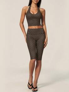 TimeOff Women's One Set Polka Dot Halter Neck V-Neck Backless Tank Top And Bermuda Shorts Sports Set - Brown - View 7