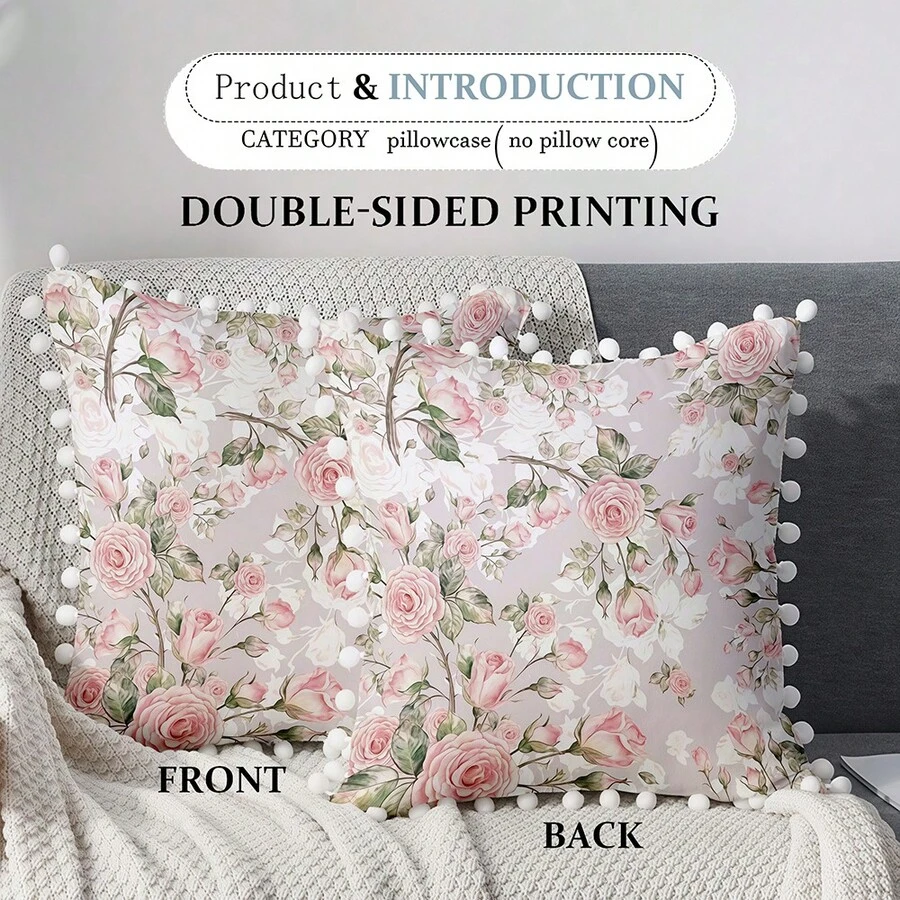 1 Stück weiches rosa Rosen-Kissenbezug, doppelseitig bedruckte Polyesterfaser, geeignet für verschiedene Szenen Dekoration Kissenbezüge. Kissenbezug ohne Kissenkern, Wohnzimmer Kissenbezug, geeignet für alle Jahreszeiten, Feiertagsgeschenk, Freund, Party - Mehrfarbig-Kugelrand - Übersicht 1