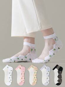 ZUJO 5 Pasang Kaos Kaki Pendek Jala Transparan Wanita, Motif Bunga & Berlian, Cocok untuk Pemakaian Sehari-hari di Musim Semi, Gugur, dan Musim Panas, Minimalis, Warna Acak - MultiWarna - View 4