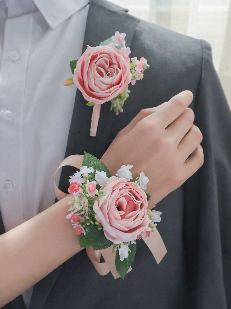 1pc/2pcs/6pcs Pink Rose With Baby's Breath Men's Boutonniere And Women's Wrist Corsage, Suitable For Wedding Decoration, Party, Dinner, Ball, Travel, Anniversary - Pink - View 1