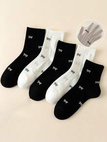 5 paires de chaussettes mi-mollet pour femmes, chaussettes douces et confortables pour étudiantes, style japonais mignon, convient pour le port quotidien - Noir et Blanc - Voir 6