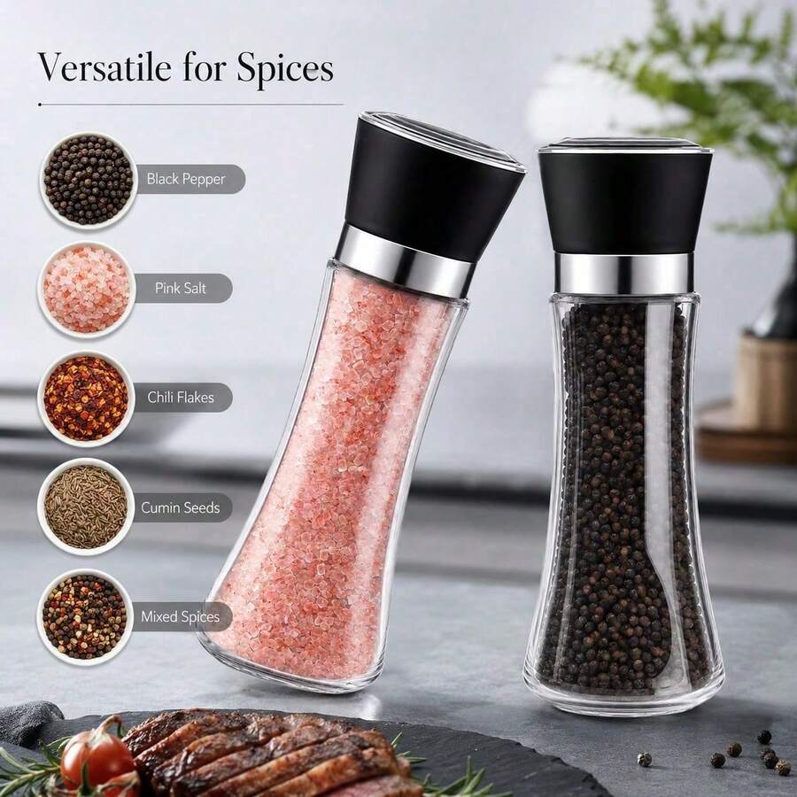 Premium Stainless Steel Sea Salt And Pepper Grinder Set Of 2 - Adjustable Ceramic - Tall Glass Salt And Pepper Shakers - Multicolor - View 1