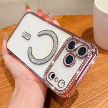 Electroplated Glitter Rhinestone Magnetic Wireless Charging Phone Case, Compatible With IPhone 17 Pro Max 17 Pro Air 17, 11-17 Series Soft Shell - Pink - View 4