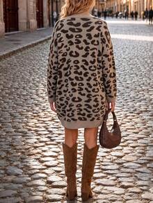 Plus Size Women's Vintage Leopard Print Long Sleeve Sweater Dress - Multicolor - View 4