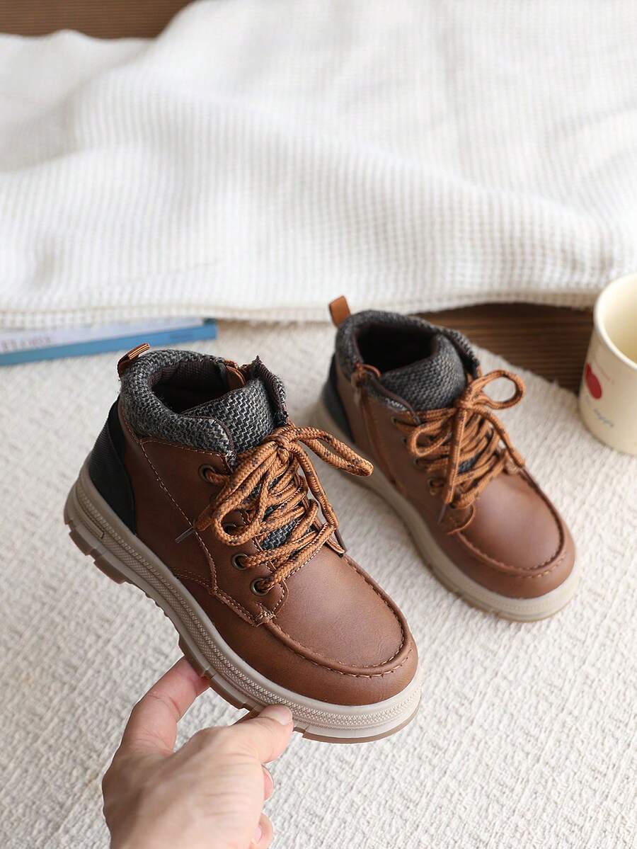 Children's Brown Work Boots, Knitted Collar Side Zipper Hiking Boots, Non-Slip Thick Sole Outdoor Boots For Boys And Girls - Brown - View 1