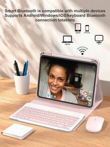 平板電腦旋轉鍵盤保護殼，相容 iPad + 滑鼠，PU 皮革，相容 A16 11 吋 11 代 2025、10 代 2022，適用於 iPad 7 代/8 代/9 代、Air 4/5/6/7/8、iPad Pro 11，含配件，便攜式無線鍵盤 (150mAh)，附筆槽，支持 360 度旋轉，粉紅色 - Pink Rotating Keyboard+case+mouse set - 查看 9