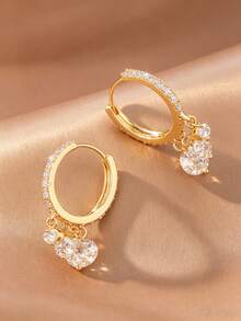 1 Pair Luxury Full Rhinestone Thin Hoop Triple Circle Single Layer Pendant Earrings, Suitable For Women's Evening, Commute And Daily Wear - Circle - View 5