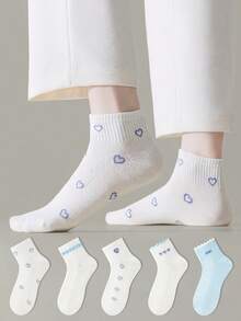 ZUJO 5 Pairs Women's Blue And White Short Socks, Letter And Heart Pattern, Suitable For Spring, Autumn, Summer Daily Wear, Simple And Comfortable, Random Color - Multicolor - View 2