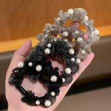 4pcs 2.76inch/7cm Women's Organza Hair Scrunchies With High-End Pearl Aurora Design, Elegant Mesh Hair Ties For Bun Hairstyles, Daily Wear Hair Accessories - Multicolor - View 8