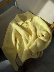 EAVA Autumn Winter Pastel Yellow Sweater Lapel Neck Button Front Knitwear Ribbed Cardigan Coat Slouchy Quiet Luxury Casual Pullover - Yellow - View 9