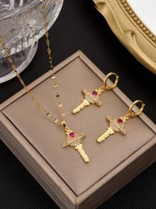 1pc Fully Rhinestone Key & Lock Stainless Steel Necklace, Fashionable Charm Jewelry For Women - Yellow Gold - View 13