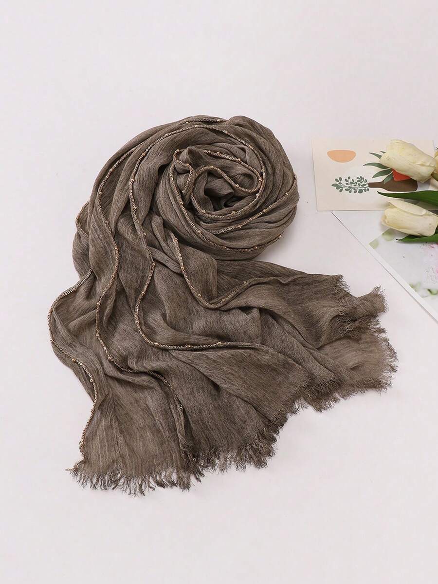 1pc New Dyed Chain Beaded Scarf, Women's Muslim Hijab, Daily Evening Wear, Beach, Sun Protection, Lightweight Soft Shawl, Holiday Gift - Multicolor - View 1