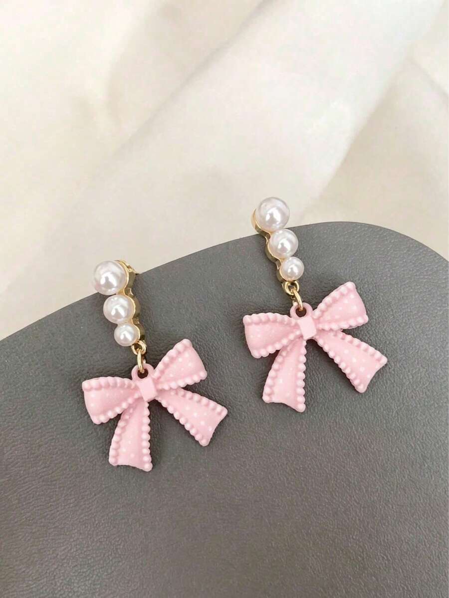 一对粉色简约优雅百搭仿珍珠蝴蝶结耳环,适合女性日常、节日和派对佩戴 - 粉色 - 查看 1