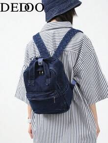 Dedoo 女款迷你後背包，純色多拉鍊口袋便攜小背包，休閒日常包，適合青少年女孩返校使用 - 深色水洗藍 - 查看 6