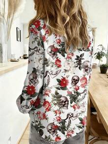 PLUS Women's Halloween Skeleton Print Button-Up Shirt, Vintage Long Sleeve All-Season Blouse White - White - View 5