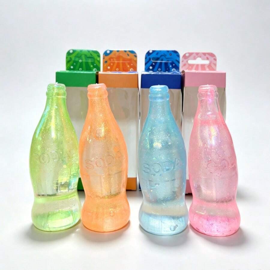New Arrival Glitter Transparent Soda Bottle Squishy Toy, Slow Rebound Soda Pop Squeeze Fidget Toy, 4 Colors Cute Sparkling Drink Bottle Stress Relief Decompression Sensory Toy With Gift Box