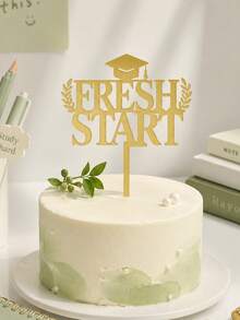 3件組奢華金色反光學術蛋糕裝飾，顯眼「Fresh Start」字體設計，飾有學士帽與雙桂冠枝，鏡面光澤，適合學校里程碑慶祝甜點擺盤佈局 - E - 查看 1