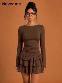 Never me Women's Sports Dress With Square Neck, Long Sleeves, Ruched Waist, Double Layer Ruffle Skirt, Yoga Tennis Dress - Coffee Brown - View 1