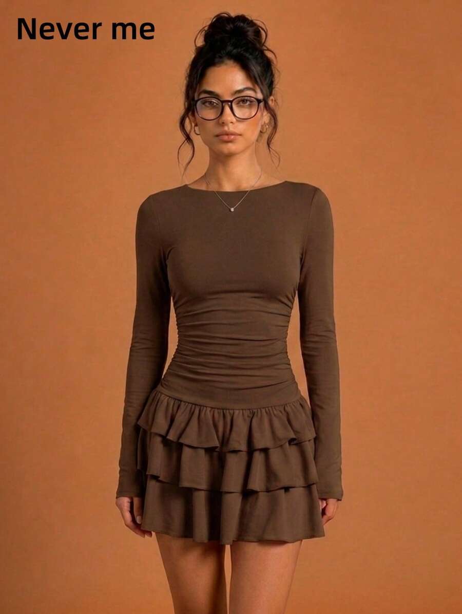 Never me Women's Sports Dress With Square Neck, Long Sleeves, Ruched Waist, Double Layer Ruffle Skirt, Yoga Tennis Dress - Coffee Brown - View 1