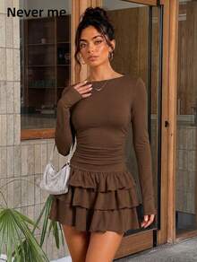 Never me Women's Sports Dress With Square Neck, Long Sleeves, Ruched Waist, Double Layer Ruffle Skirt, Yoga Tennis Dress - Coffee Brown - View 4