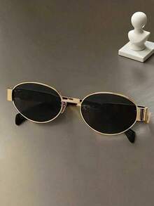 1 Pair Oval Metal Frame Glasses, Fashionable And Versatile, Suitable For Daily Wear, Beach Vacation, Street Style, Summer Beach Holiday, Outdoor Activities And Travel - Multicolor - View 5