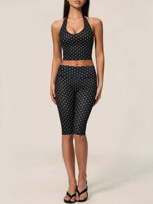 TimeOff Women's One Set Polka Dot Halter V-Neck Backless Tank Top & Bermuda Shorts Sports Set - Black - View 5