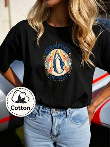 T-shirt unisexe en coton avec imprimé "Angel Virgin", 100% coton, manches courtes, coupe ample, col rond - Noir - Voir 1