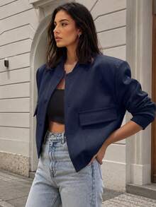 Apperloth A Women's Short Bomber Jacket, Flap Pockets, Button Front, Lightweight Loose Baseball Collar Coat Spring - Navy Blue - View 1