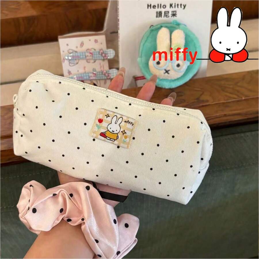 1pc Rabbit Polka Dot Pouch, Canvas Makeup & Stationery Organizer Bag For School