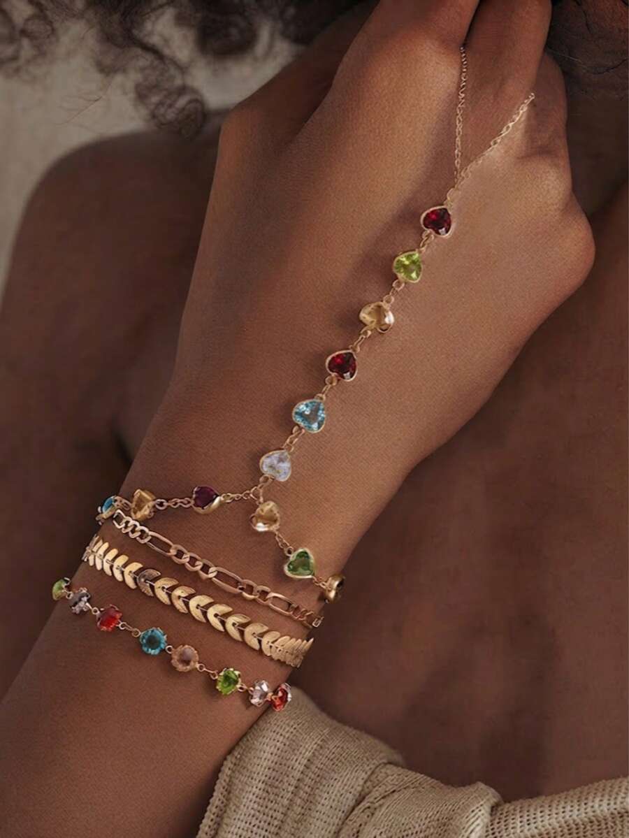 Juego de 4 piezas/Set de pulseras de dedo con dije de corazón, tono dorado, estilo bohemio, apilables, joyería de cadena para la mano para mujeres - vistoso - Ver 1